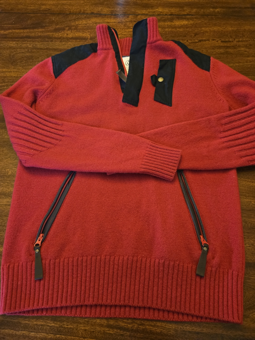 Alps And Meters Men’s Sweater Size M Red Wool Leather 1/4 Zip Alpine Guide